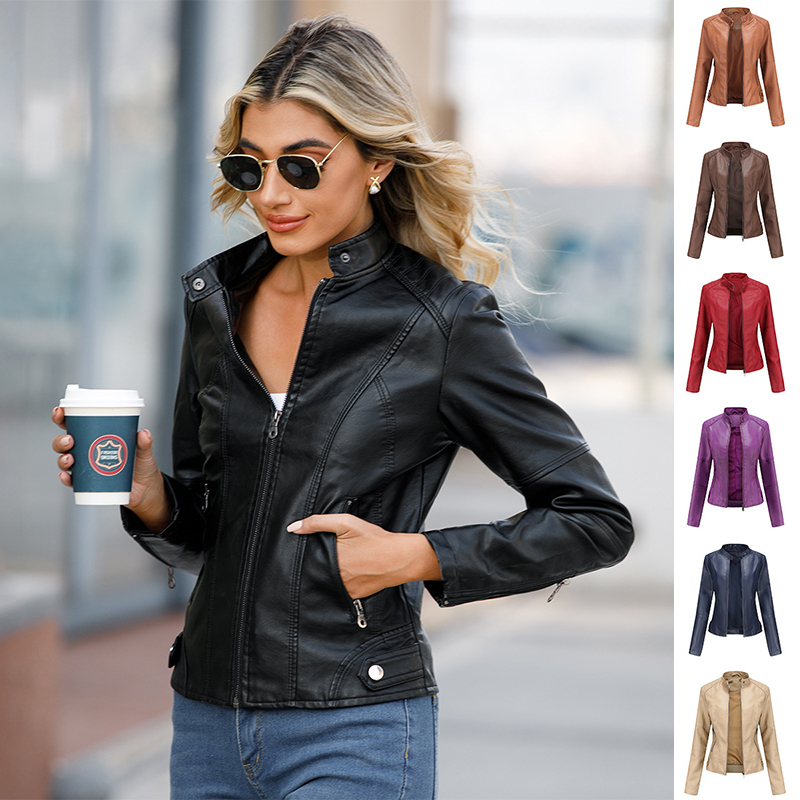 Blouson cuir fermeture éclair poches col montant femme