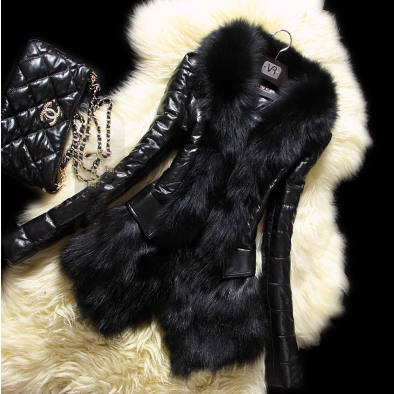 Veste cuir fausse fourrure col imposant