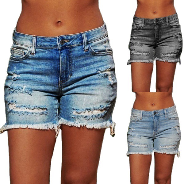 Short jean déchiré frangé haute stretch tendance femme