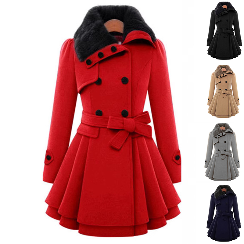 Manteau de laine ajusté mi-long avec ceinture double boutonnage matelassé