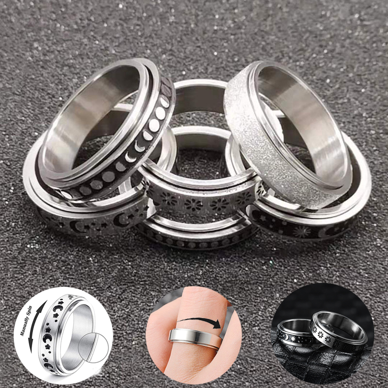 Bague spinner acier inox lune étoiles antianxiété