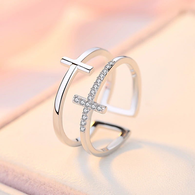 Bague cuivre double croix zircon serti miniature