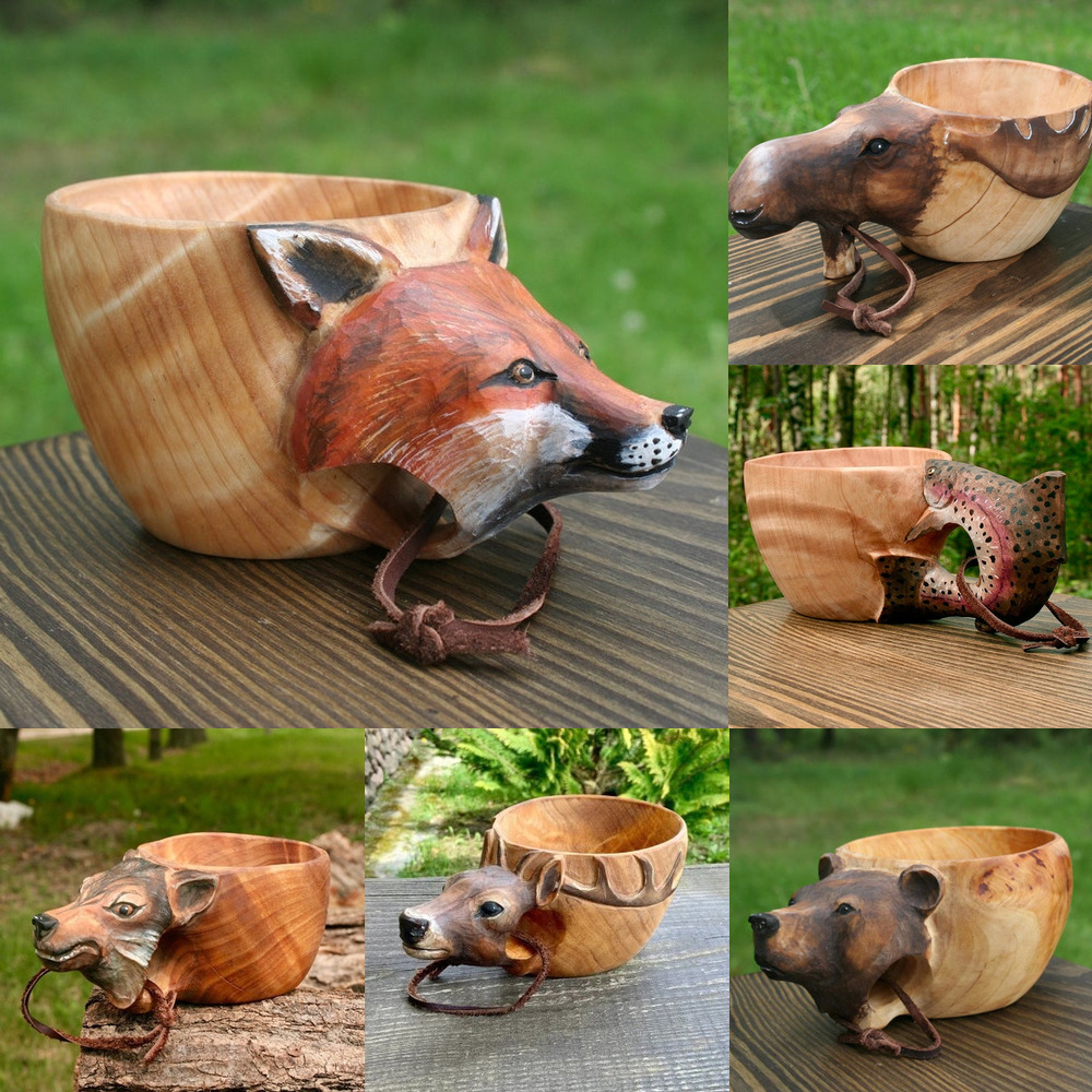 Tasse bois sculptée Kuksa scandinave, camping, Noël, sanglier