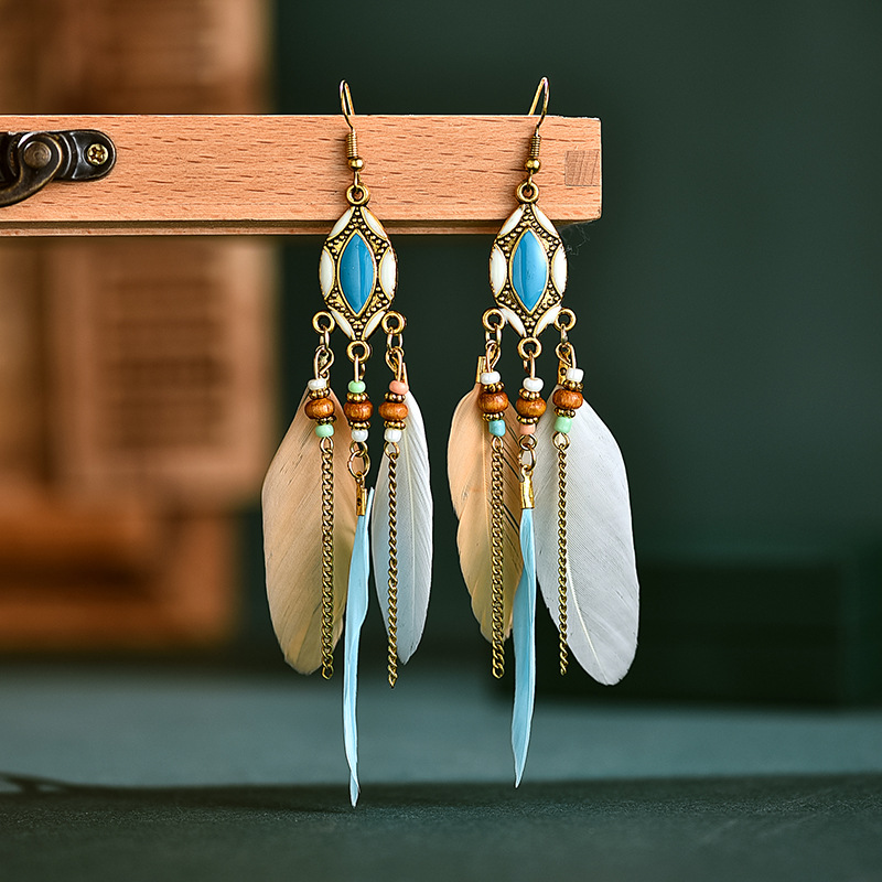 Boucles d'oreilles tassel rétro créatif plume femme