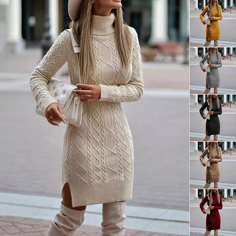 Robe tricotée col roulé fendu hiver femme
