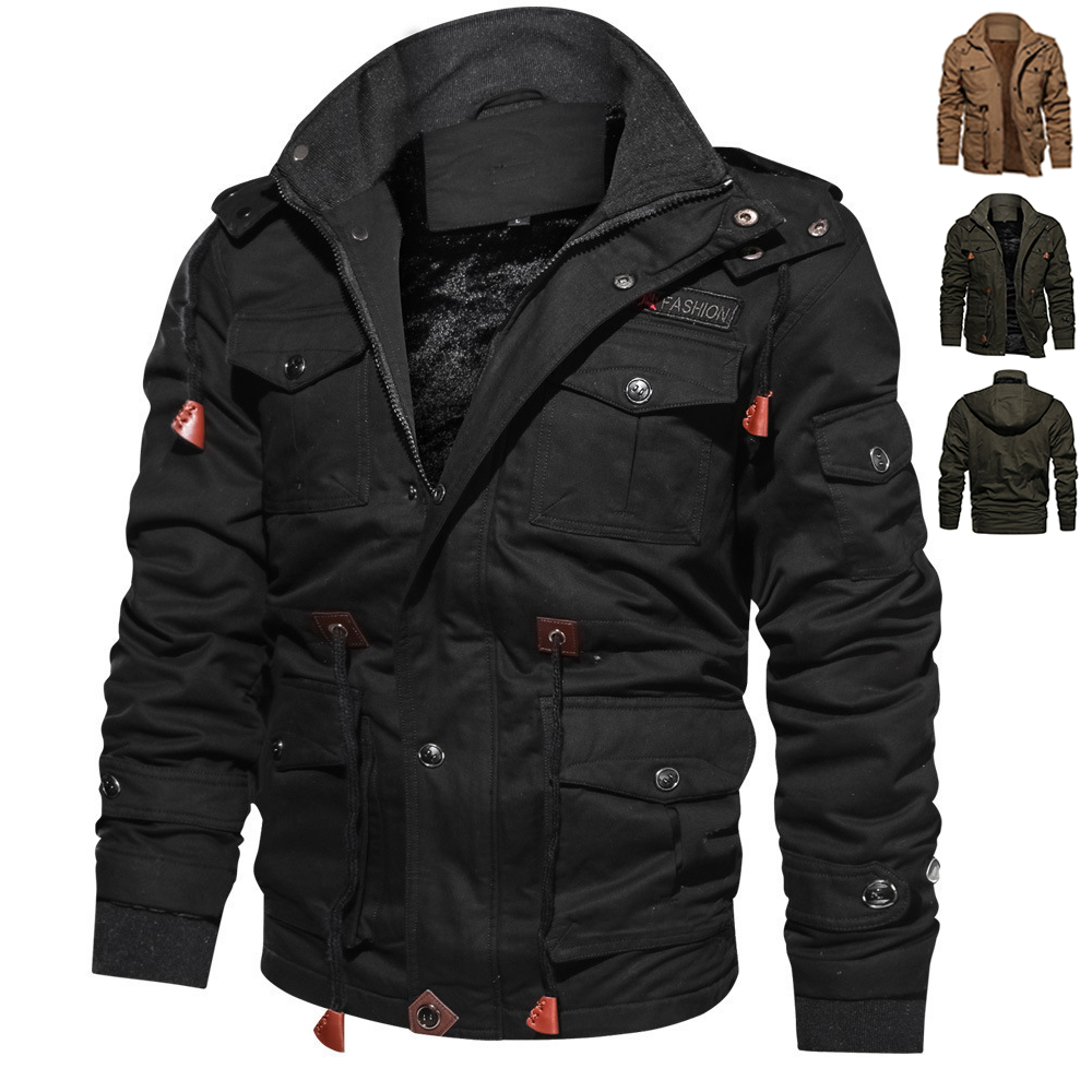 Manteau d'hiver zippé épais à capuche détachable multi-poches