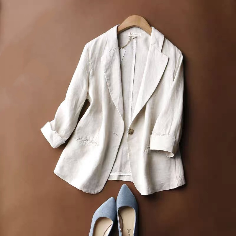 Manteau lin taille ajustée manches 3/4 femme