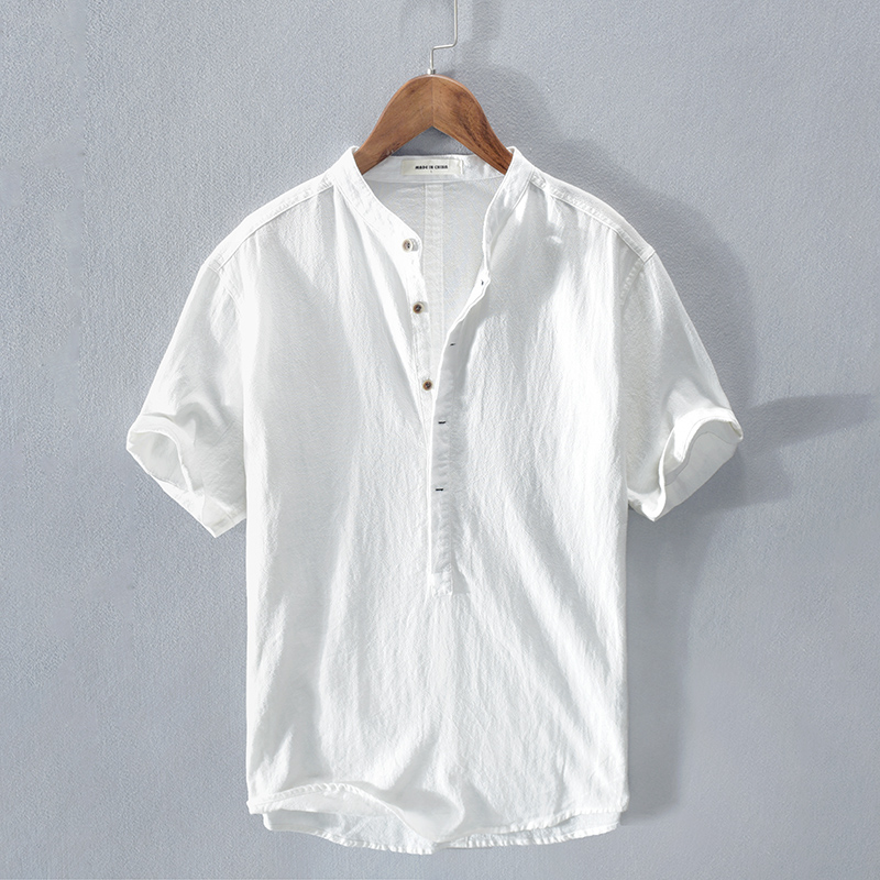 T-shirt homme lin soie col montant manches courtes