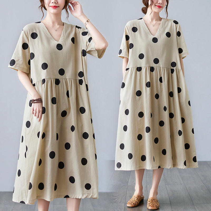 Robe lin coton col V manches courtes ample