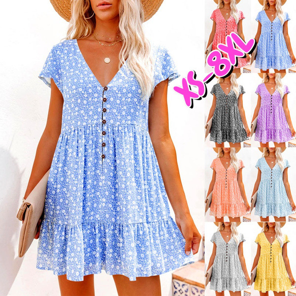 Robe courte ample décontracté col V fleurs