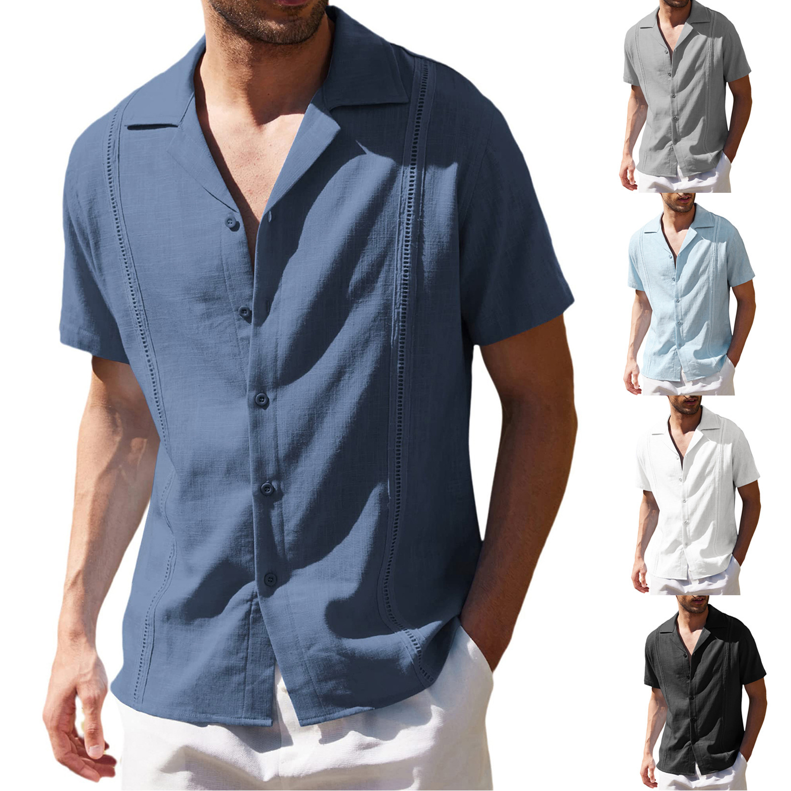 Chemise homme manches courtes été ample col revers couleur unie