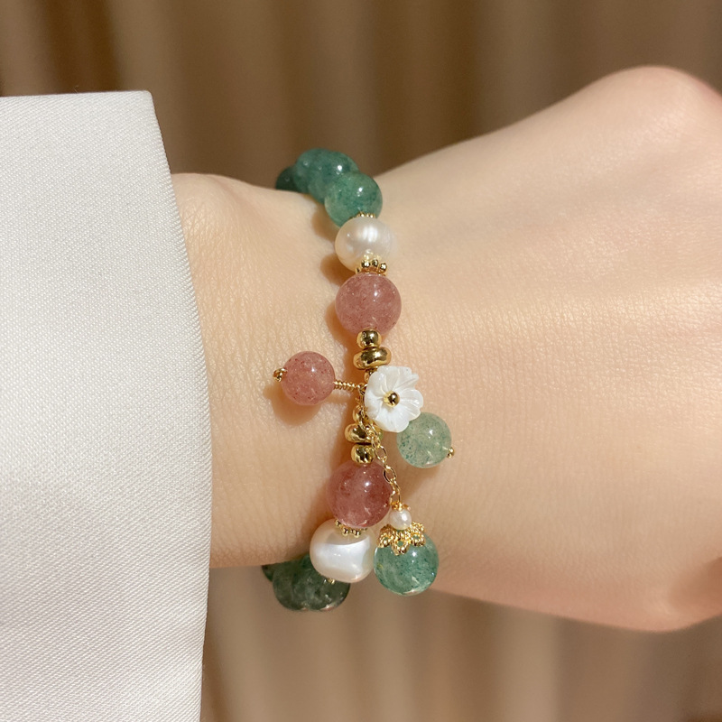 Bracelet cristal fraise vert forêt femme