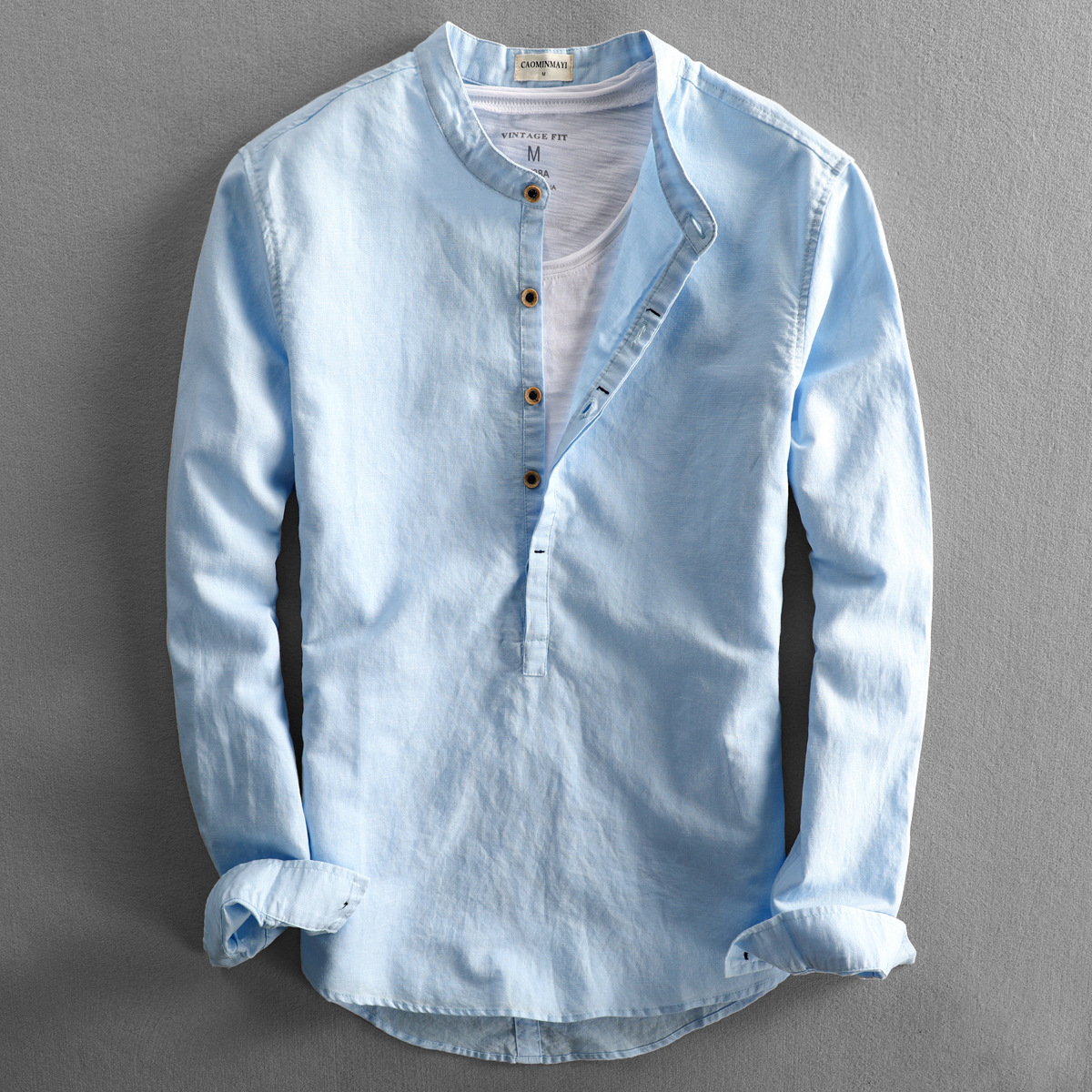 Chemise lin casual homme manches longues couleur unie