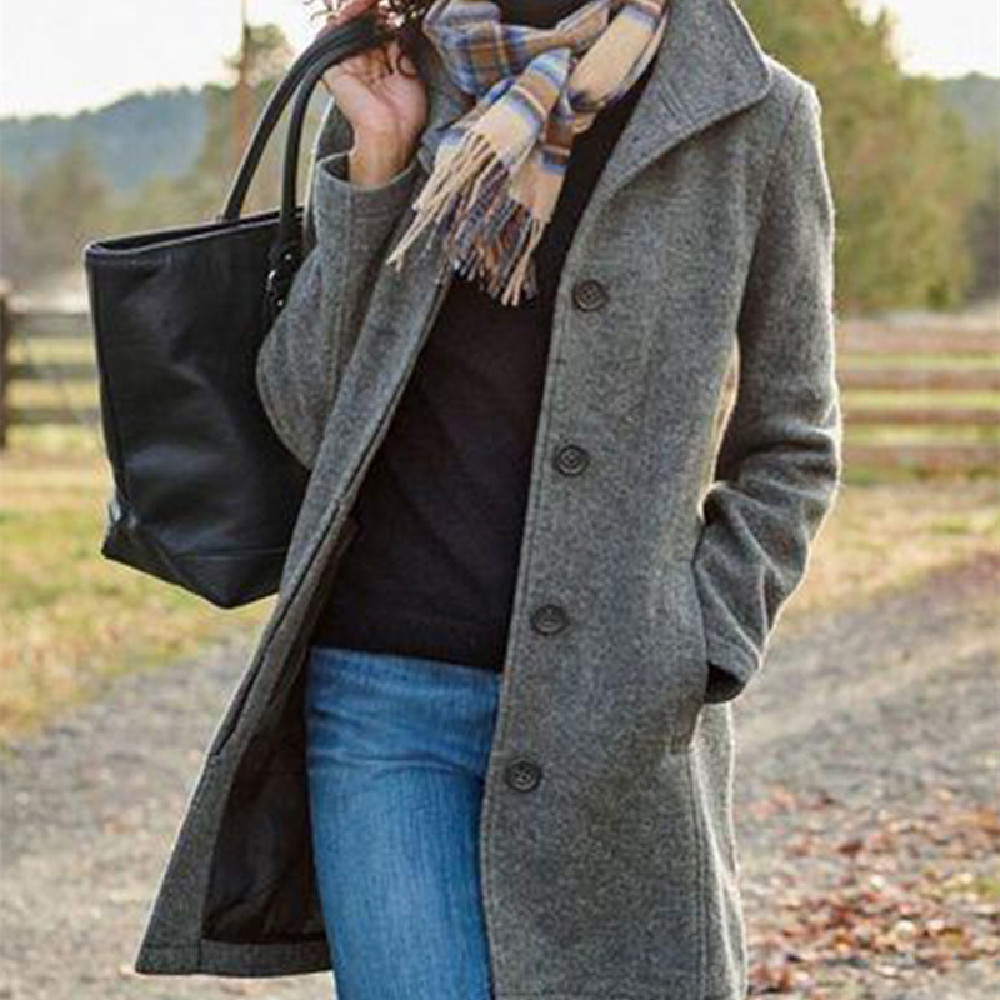 Manteau de laine couleur unie longueur moyenne style européen