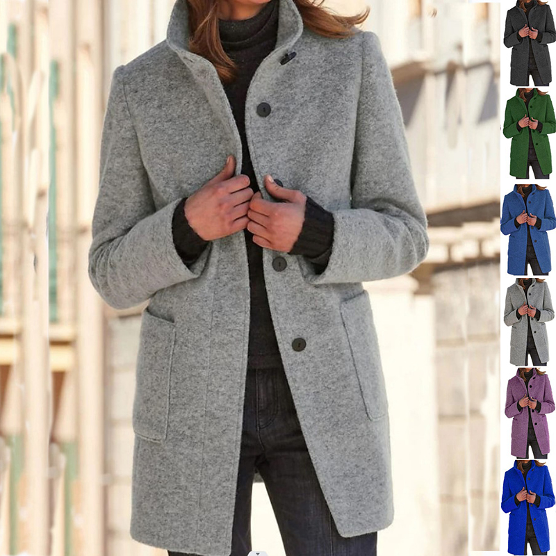 Manteau de laine col montant poches automne-hiver femme