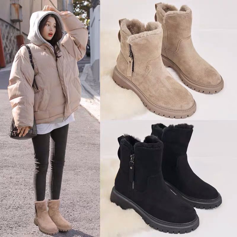 Botte femme hiver tube moyen peluche coton cuir intégré