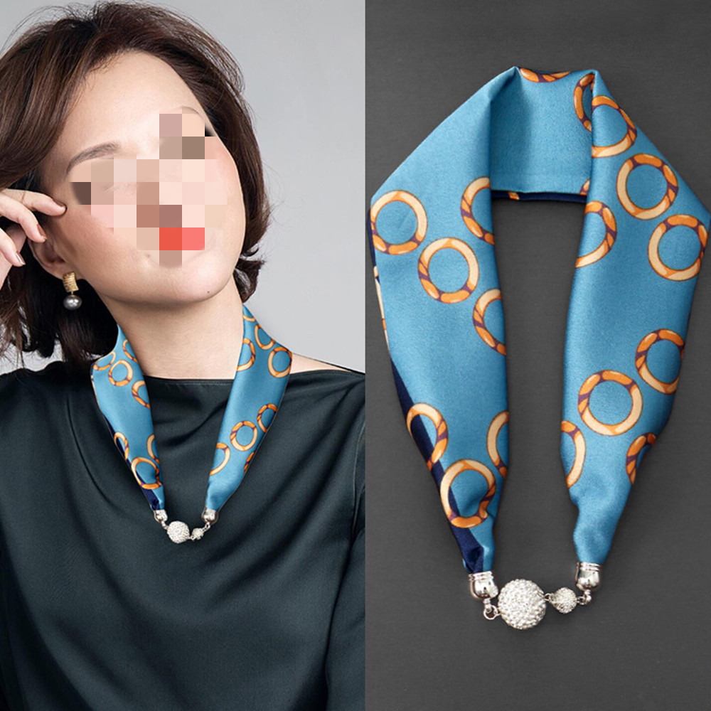 Foulard soie femme boucle magnétique collier perle