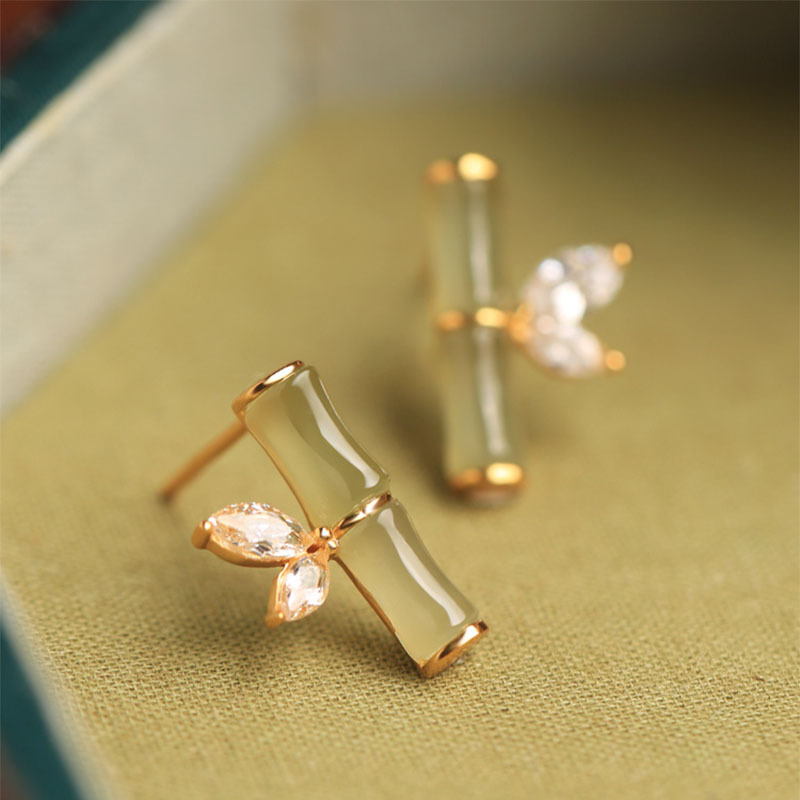 Boucles d'oreilles bambou jade Hetian argent sterling