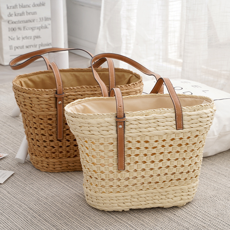 Grand sac paille tressé blanc kaki urbain