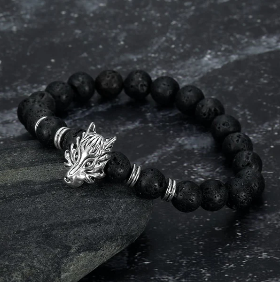 Bracelet Asgard pierre de lave tête loup gris