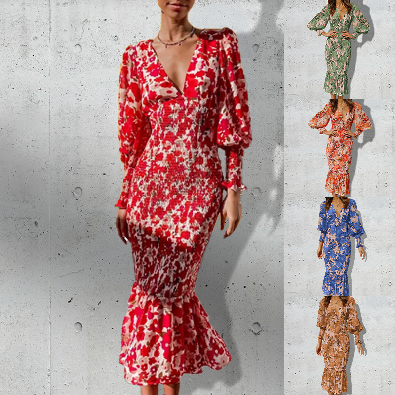 Robe fourreau fishtail col V élégante femme