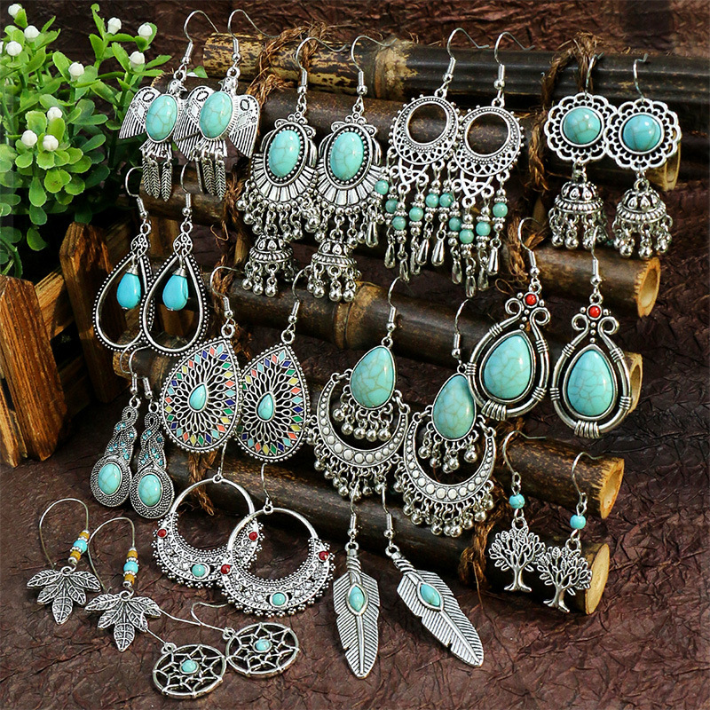 Boucles d'oreilles turquoise géométrique métal argenté