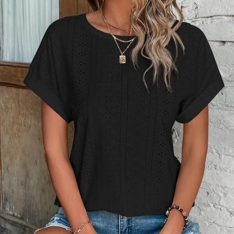 Chemise casual femme couleur unie ajourée manches courtes