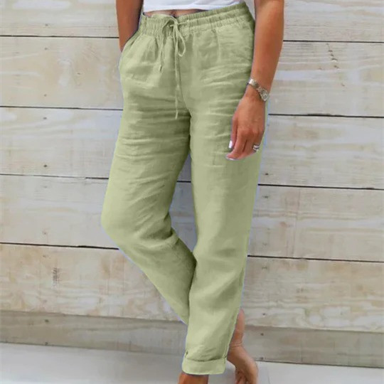 Pantalon lin coton élastique couleur unie