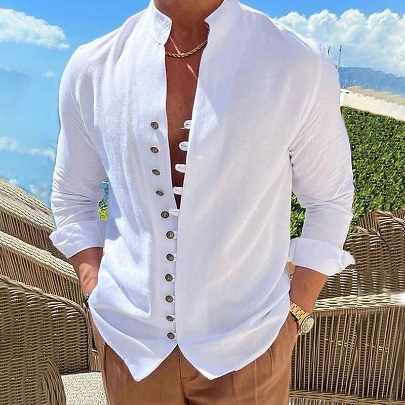 Chemise coton lin décontractée manches longues