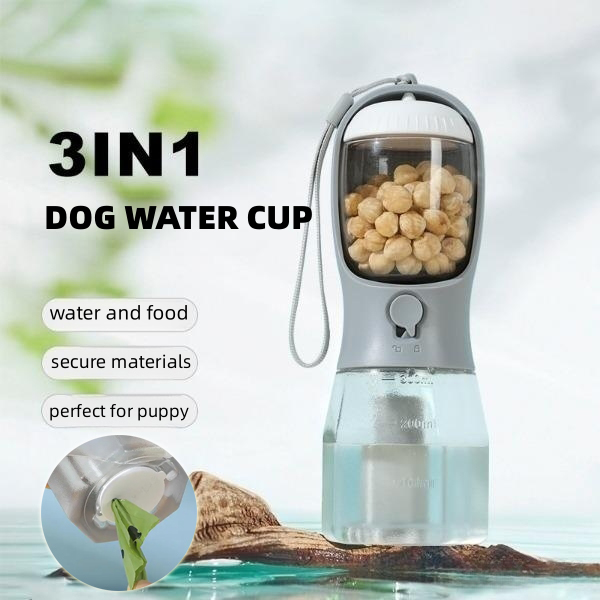 Gobelet 3 en 1 : eau, nourriture, sac à déchets pour animaux