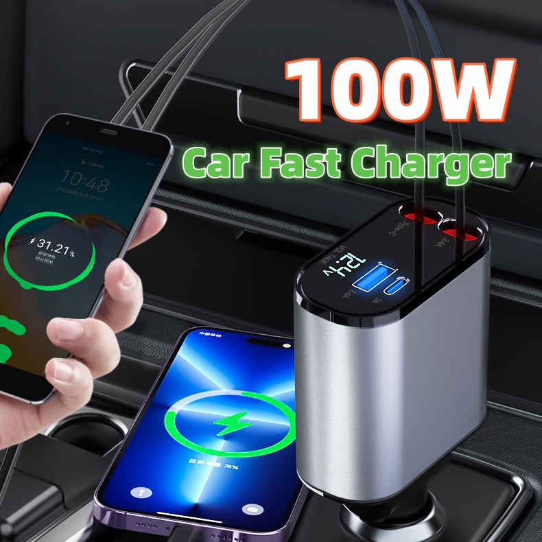 Chargeur voiture métal 100W USB Type-C allume-cigare