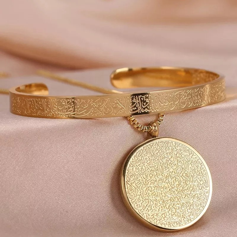 Collier bracelet disque arabe acier inoxydable