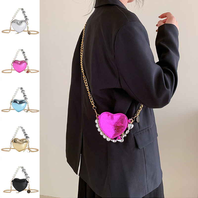 Petit sac à main cœur femme perles chaîne