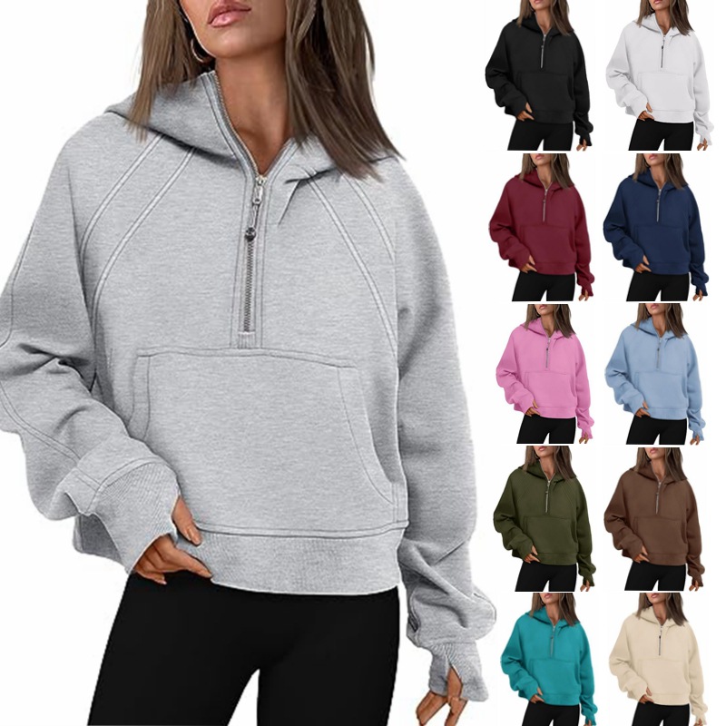Sweatshirt femme demi-fermeture capuchon ample