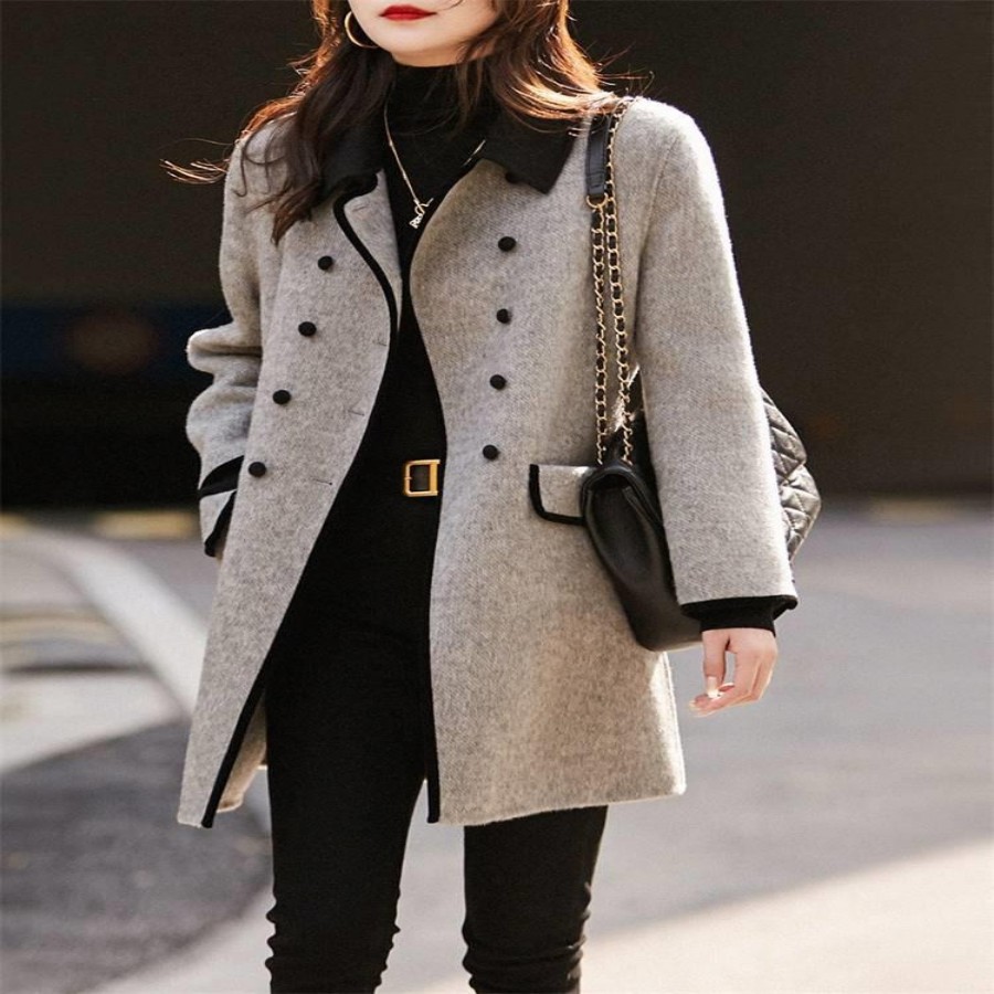 Manteau laine réversible col Peter Pan contrasté