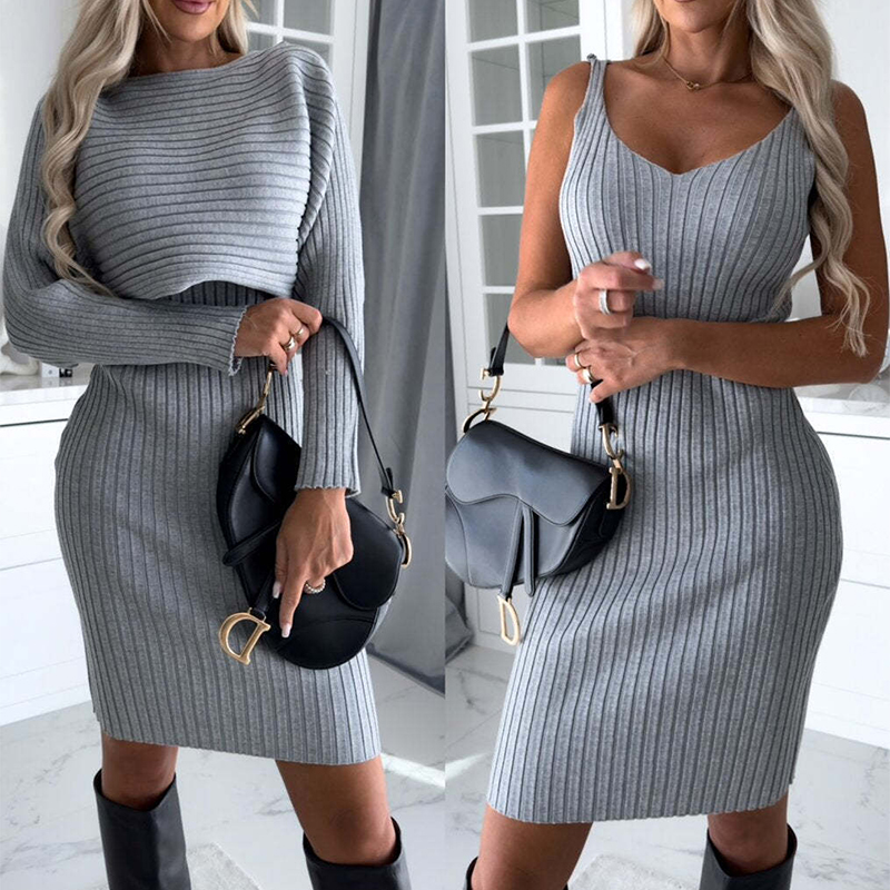 Ensemble 2 pièces top rayé manches longues + jupe bretelles femme