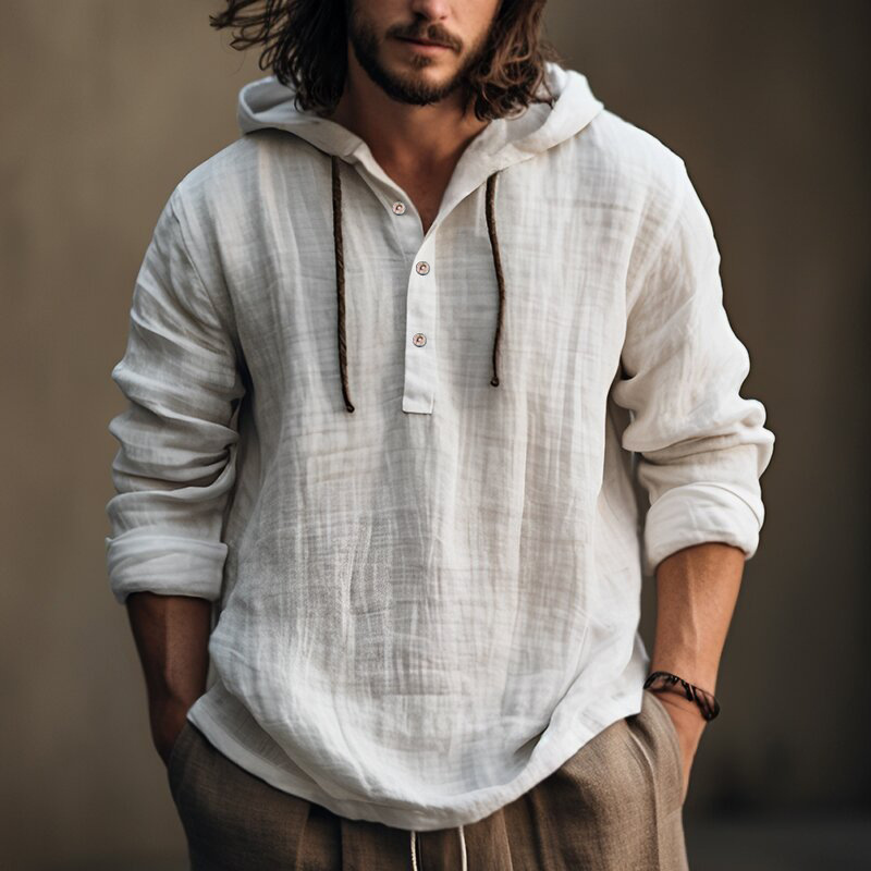 Chemise capuchon coton lin manches longues casual