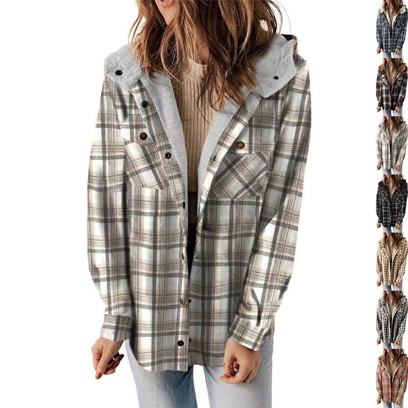Manteau laine à carreaux capuchon, doublé polaire