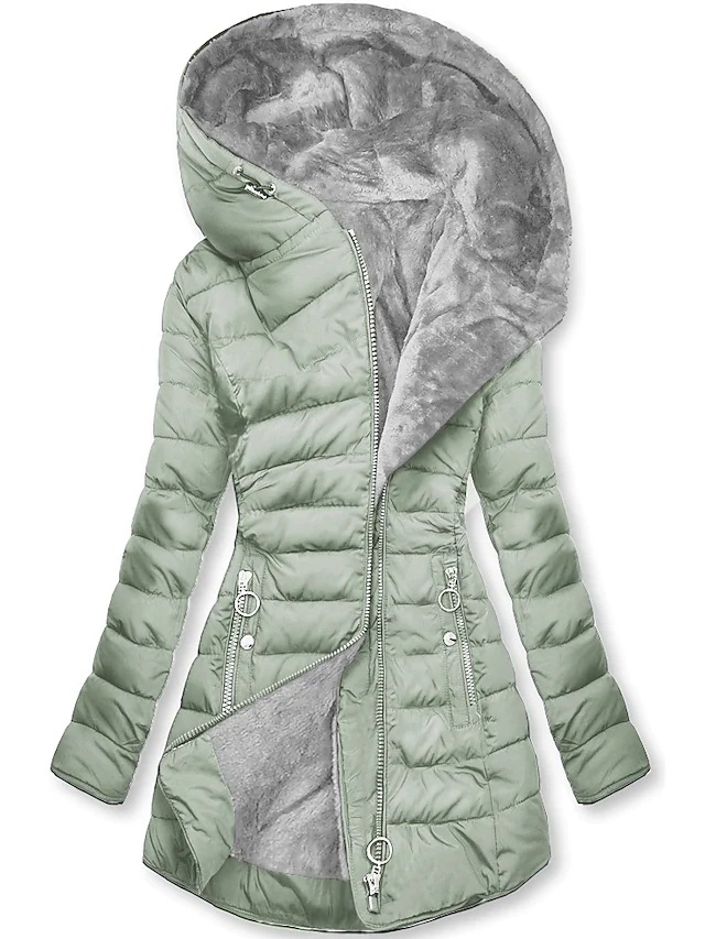 Manteau matelassé mi-long à capuchon et fermeture oblique