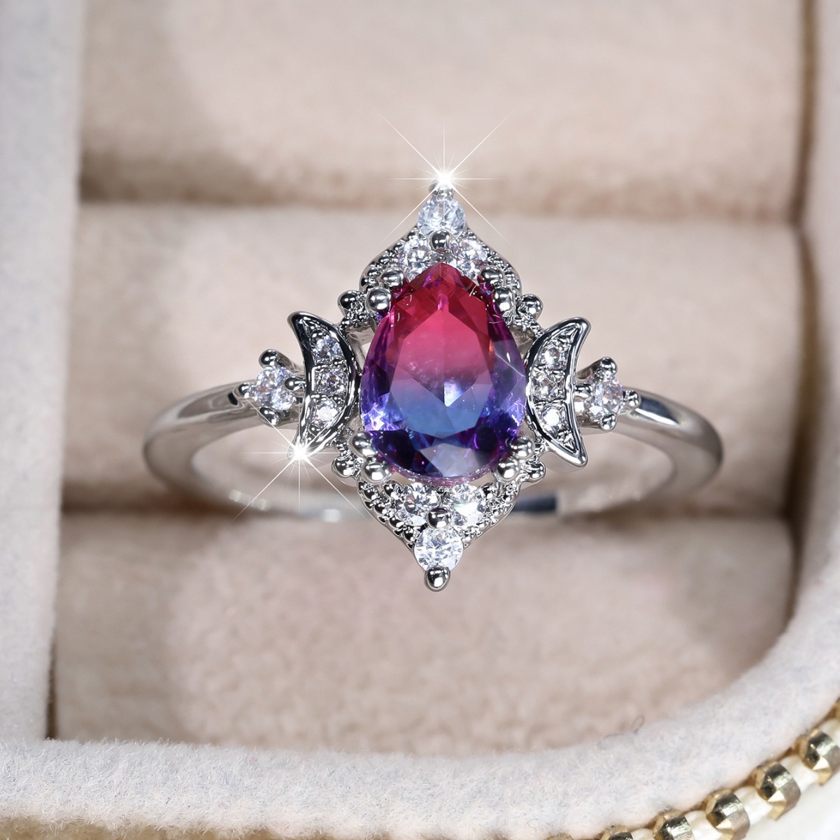 Bague tourmaline goutte d'eau dégradée K rose bleu