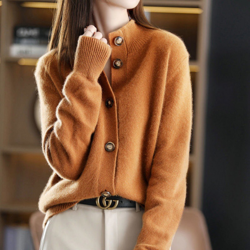 Cardigan rétro col montant tricot court femme