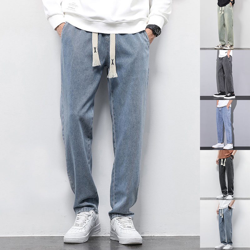Jeans jambe large ample cordon élastique pantalon homme décontracté
