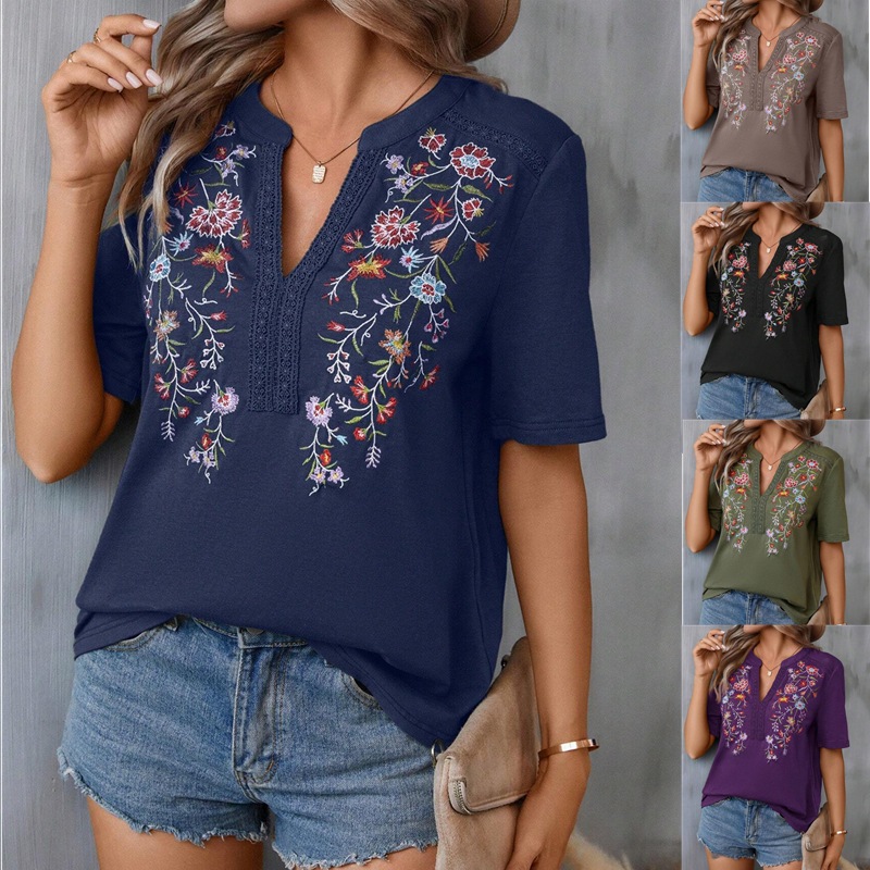 Blouse dentelle brodée fleurs manches courtes été