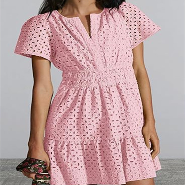 Robe dentelle femme col V creuse manches courtes