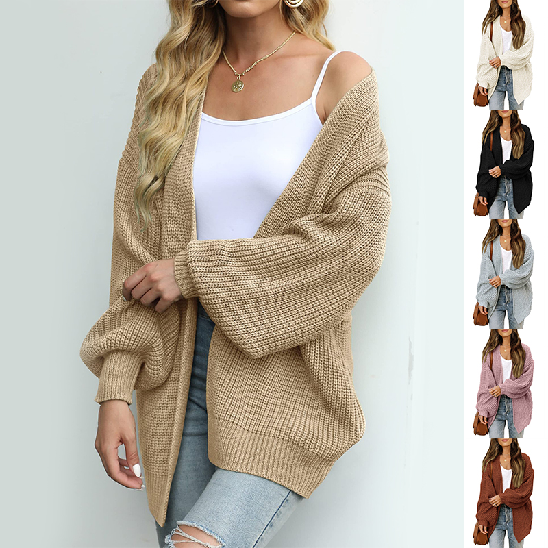 Cardigan tricoté poche automne décontracté manches lanterne