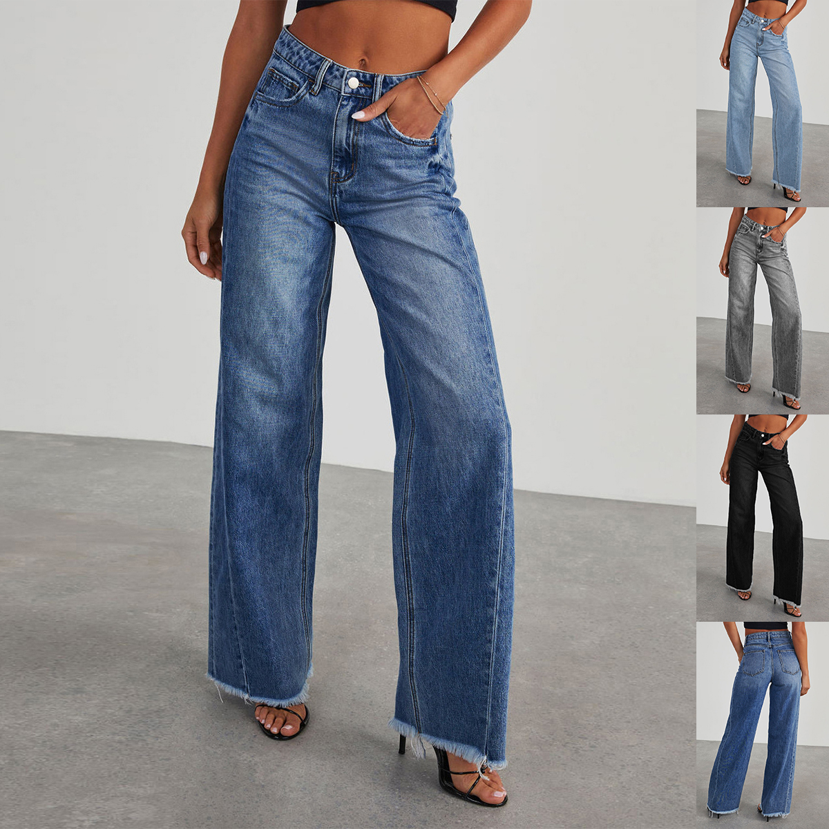 Jeans taille haute avec poches coupe slim droite jambes larges pour femme