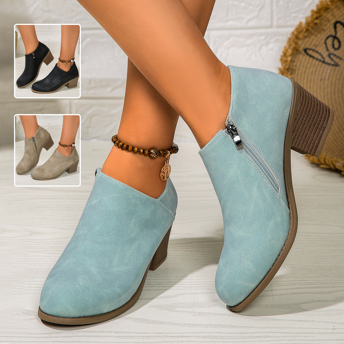 Bottines cheville femme talons épais fermeture côté