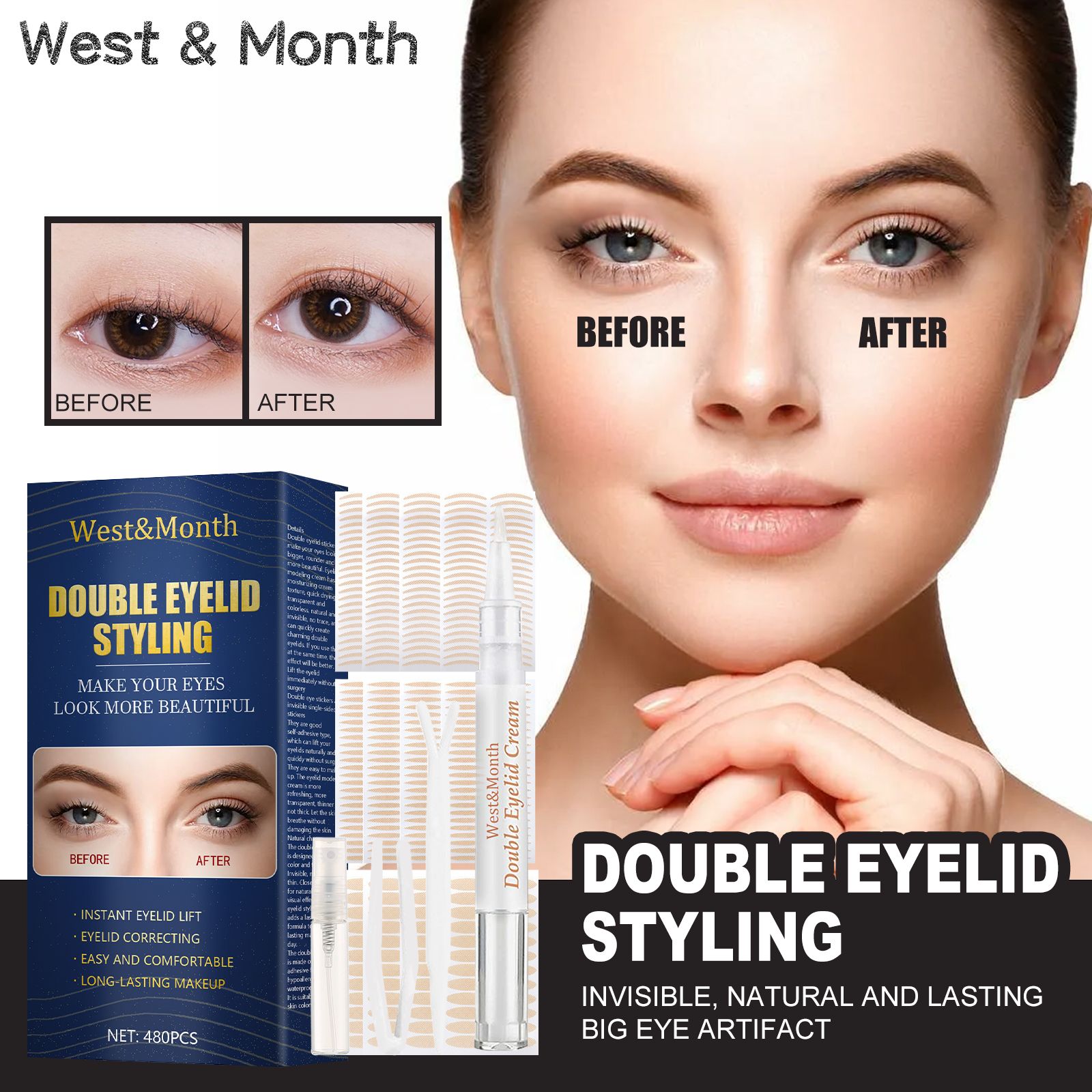 West&Month Ruban paupière double - invisible, sans colle, adhésif naturel