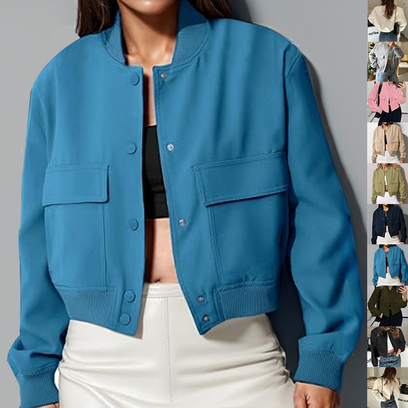 Veste boutonnée col debout poches femme
