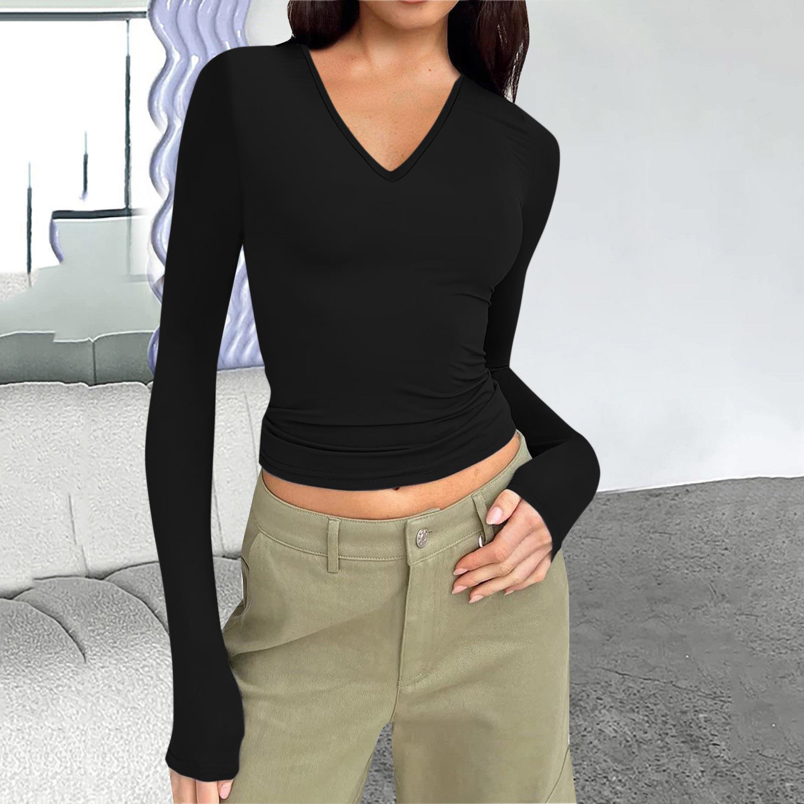 T-shirt femme col V manches longues slim basique